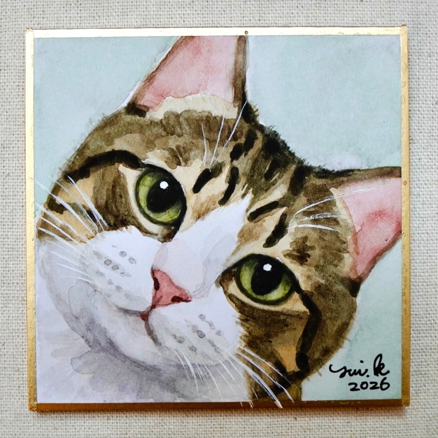 猫の絵 428 水彩画 原画 キジ白猫 | Forest cat