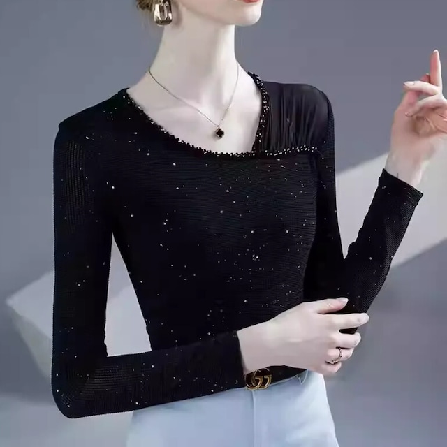 ドレープネック ロングスリーブ ラメ カットソー ds1080