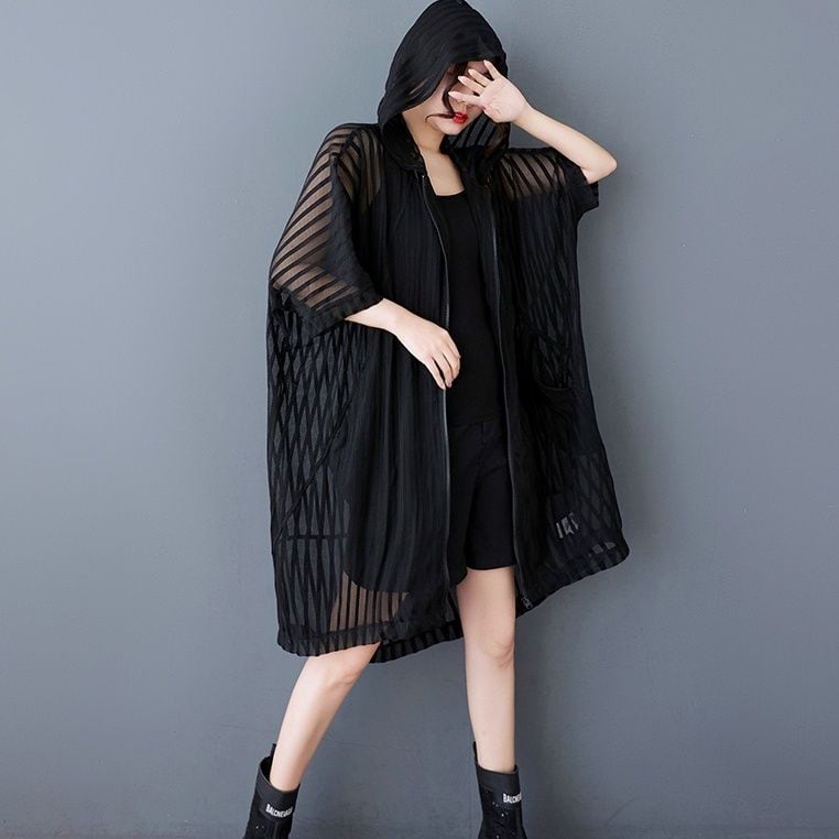 BLACK STRIPE MESH HOODED FULLZIP MIDI JACKET 1color M-13221