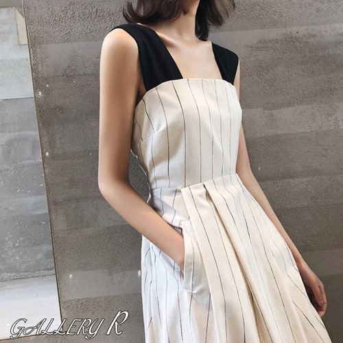 ストライプ　ワンピース　細見えワンピース　ノースリーブ