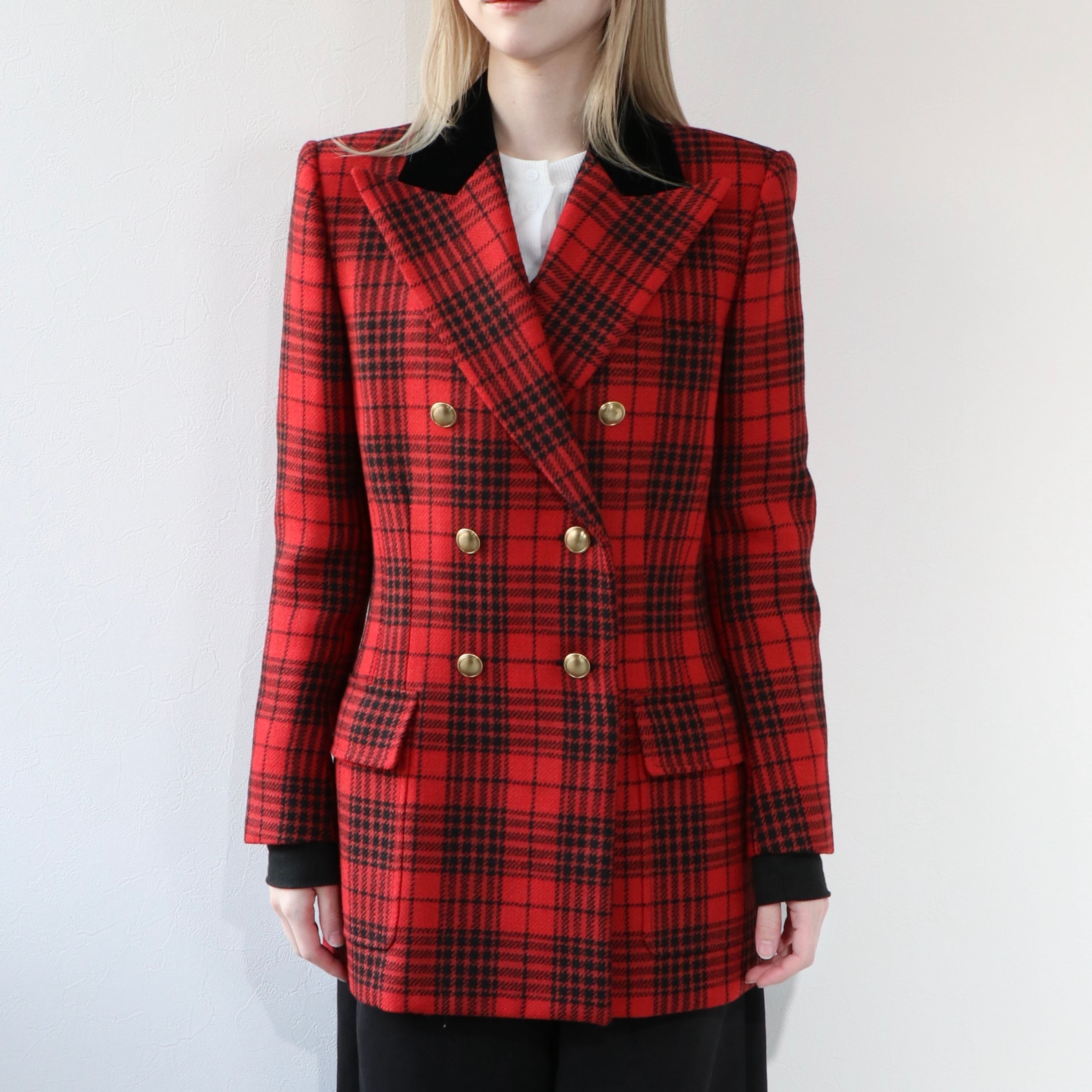 2/5掲載 SAINT LAURENT Paris ジャケット ダブルジャケット チェック テーラードジャケット ウール ベロア サンローラン