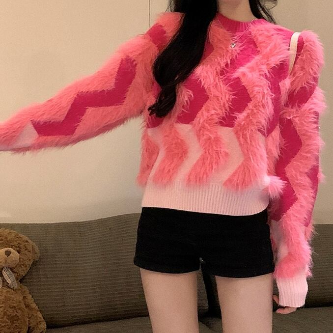 トップス レディース セーター シャギーニット 切り替え 長袖 シャギー クルーネック デザインニット リブ 襟なし ゆったり ルーズ 大人可愛い 大人女子 きれいめ シンプル カジュアル ラブリー キュート ガーリー お洒落 大人 送料無料 レトロ ヴィンテージ 上品 秋 冬 10代 20代 30代 40代 OL 通勤 通学 学生 普段使い 休日 お出かけ ショッピング 女子会 デート イベント パーティ フェス 着回し 重ね着 コーデ ピンク