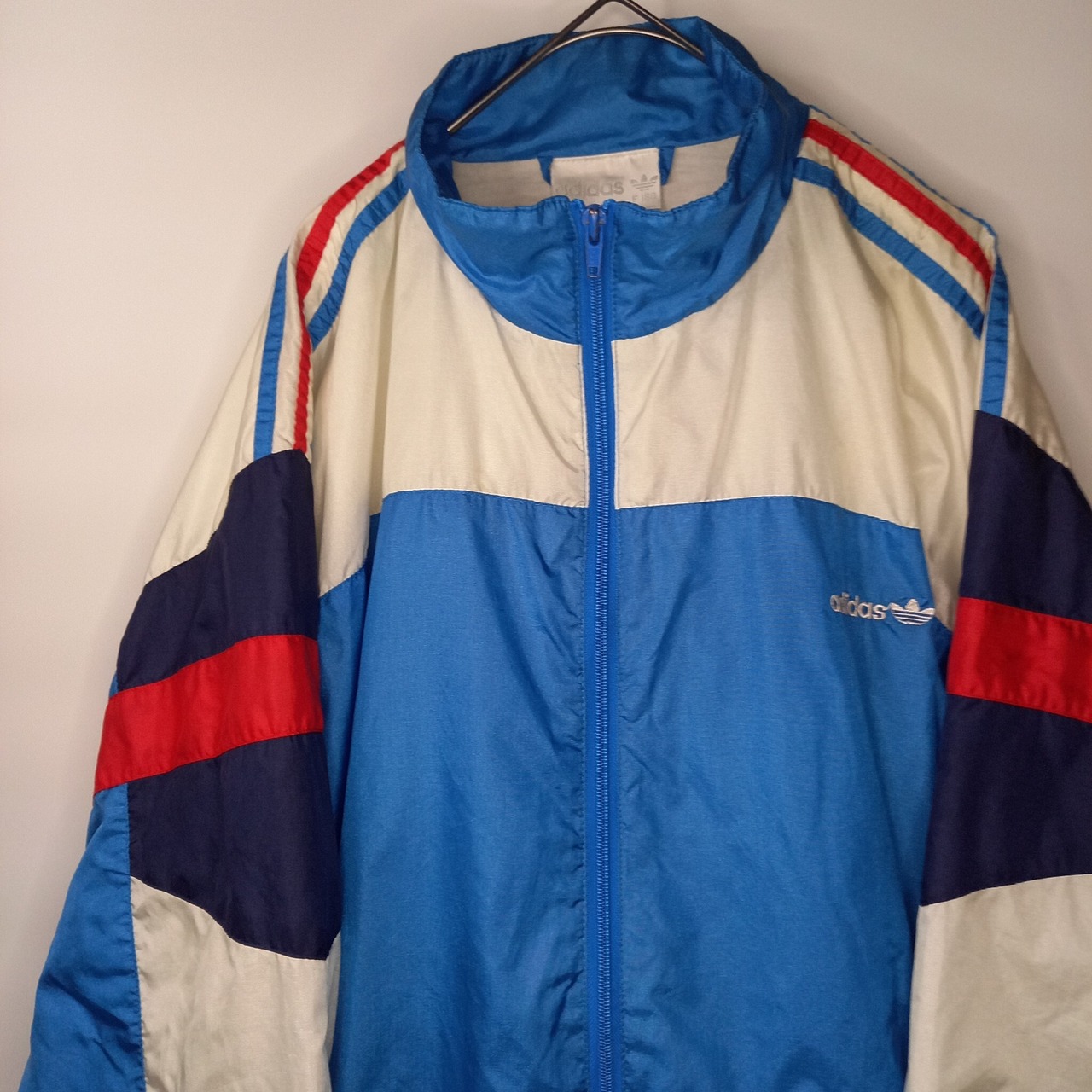 80s　アディダスオリジナルス　ナイロンジャケット　刺繍ロゴ　水色　白　XL