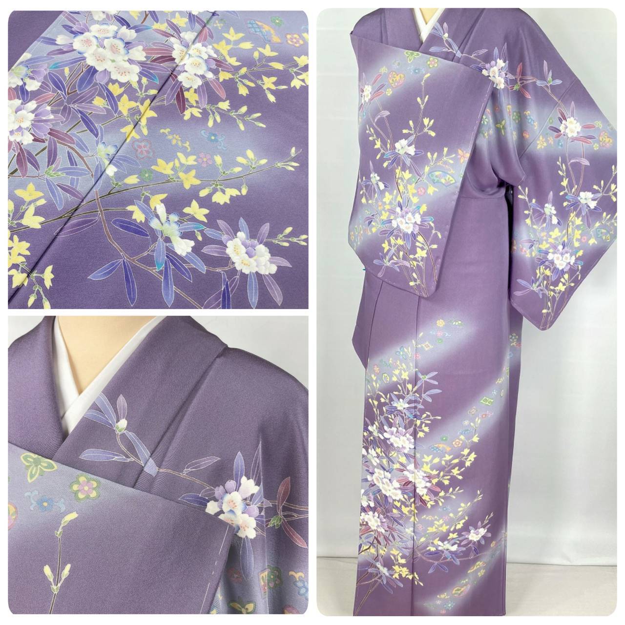 京加賀友禅 作家物 未使用 訪問着 正絹 花柄 紫 青 白 974 | kimono Re