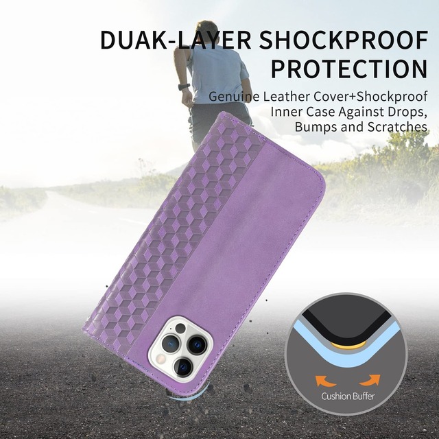 Gedurya iPhone 15 Pro Max ケース 手帳型 アイフォン 15 pro max ケース ひし形柄 iphone15promax ケース 手帳型 マグネット式 スタンド機能 アイフォン15promax 携帯カバー カード収納 財布型 iphone 15 pro max スマホケース 全面保護 耐衝撃 6.7インチ対応 - パープル