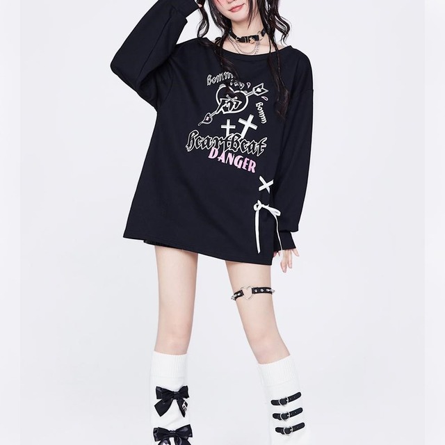 サブカル 服 地雷系 通販 CRAZYGIRL 長袖 トレーナー ハート 十字架 イラスト プリント レースアップ リボン カジュアル ゴシック 闇かわいい 甘ロリ ストリート