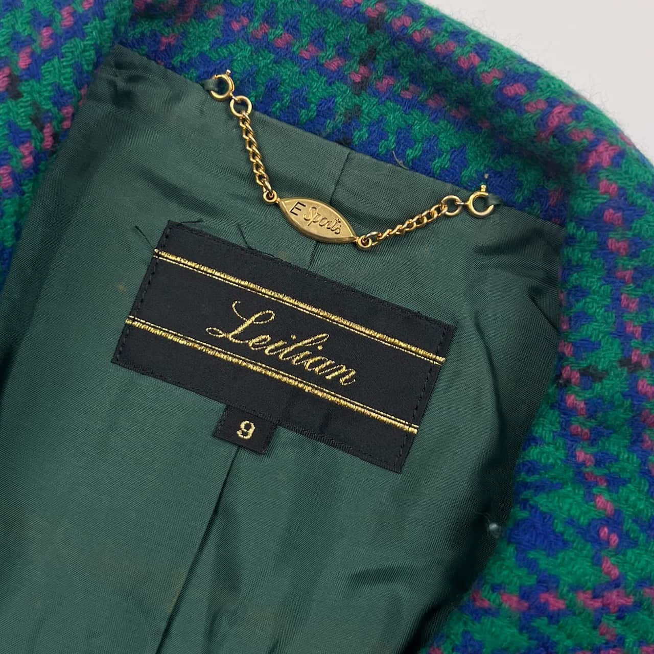 Leilian レリアン otten生地 チェック ウール ダブルジャケット 9/グリーン レディース レトロ