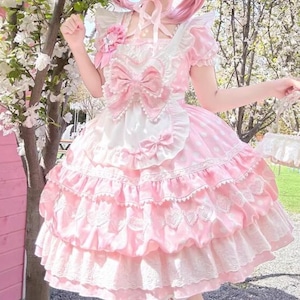 ゆめかわ♡全３カラー　ドット柄ブローチ付きメイド服セット　wanpi107★