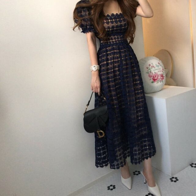 【予約販売】ワンピース レディース ロングワンピース パフスリーブ ネイビー レース 総レース ドレス きれいめ ワンピ 大人可愛い エレガント おしゃれ こなれ感 韓国 春 夏 トレンド S/M/L