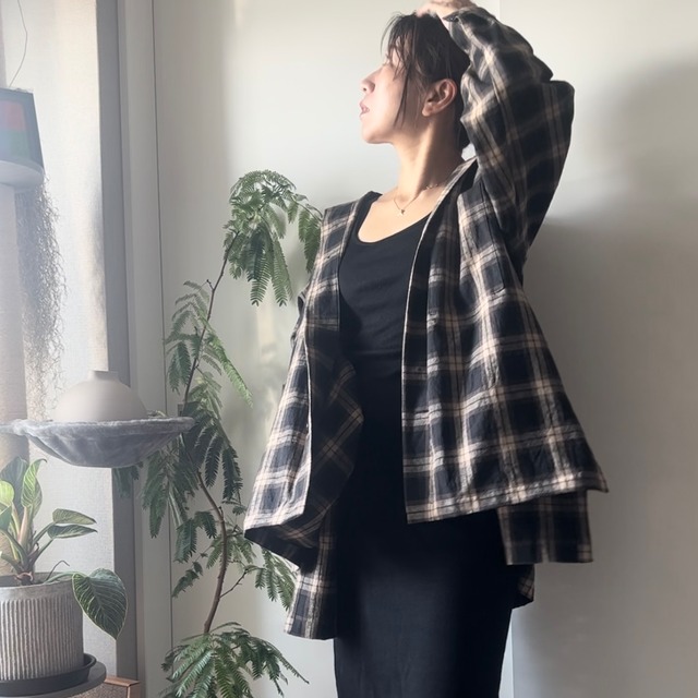 【AN.025】綿麻Bigスタンドカラーチェックジャケット