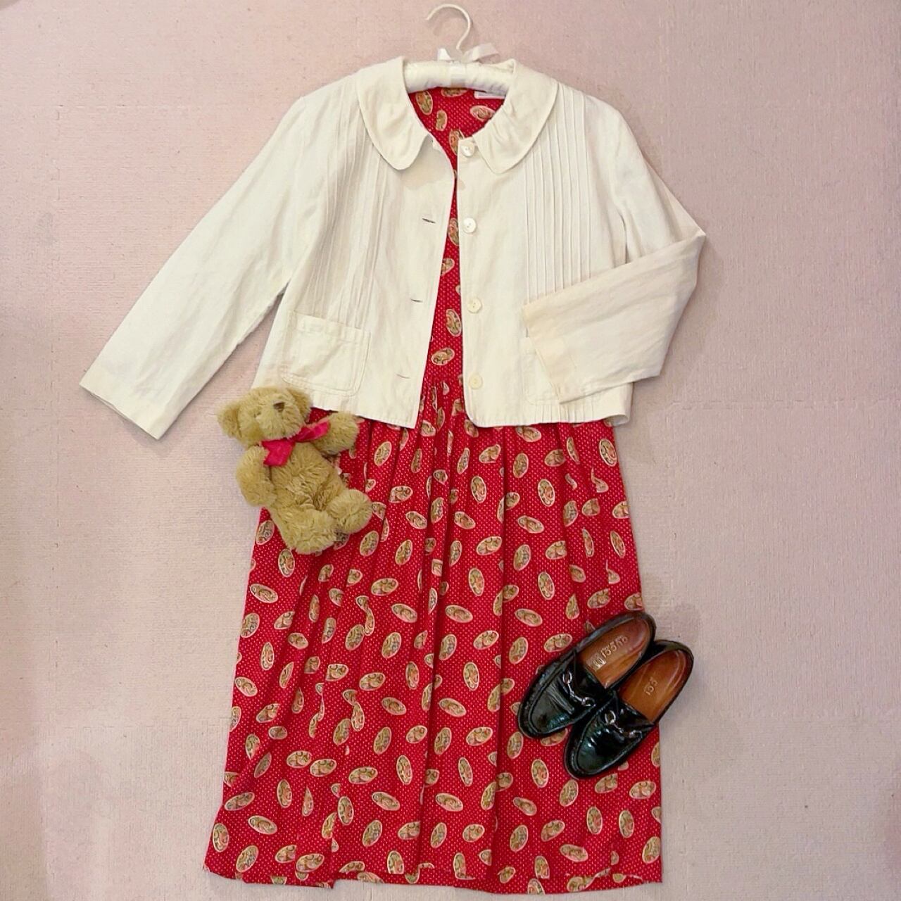 red paisley dot back button one-piece