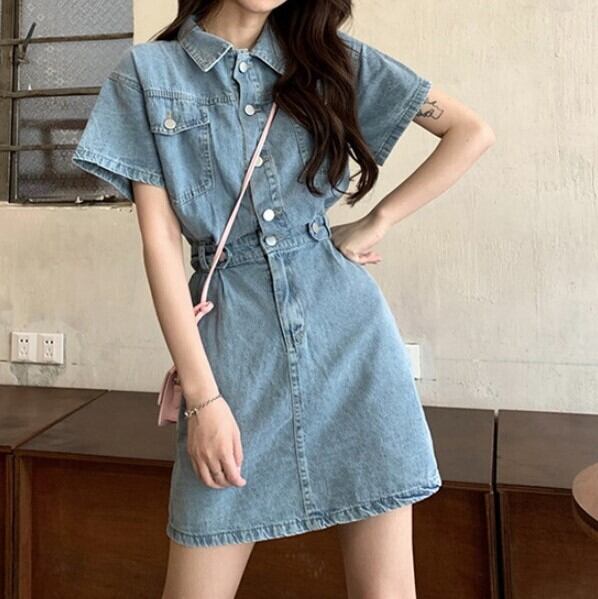ワンピース レディース 2色 デニムワンピース ショート ショート丈 半袖 ウエストマーク かわいい 大人可愛い きれいめ カジュアル おしゃれ お洒落 ストリート セクシー こなれ感 ラフ メンズライク ラブリー キュート ガーリー 抜け感 主役級 存在感 学生 通学 デート お出かけ 女子会 街歩き お買い物 S M L ブルー 夏 10代 20代 30代 韓国 韓国系 着回し 普段使い ファッション コーデ トレンド 流行 インスタ映え 送料無料