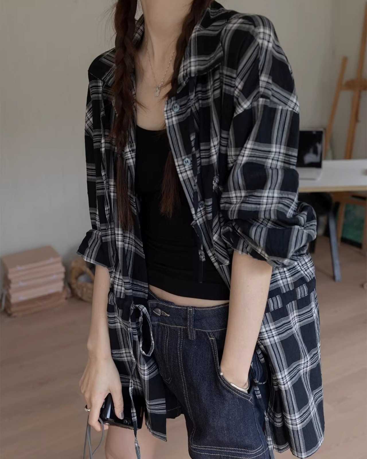 Drawstring check oversized Shirt L0161