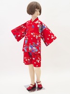 ☆ソフトな着心地☆キッズ 《鈴》和柄甚平【KID'S "THE SYMPHONY OF BEAUTY" JACKET & SHORTS ("JINBEI")】SIZE: L ~ XL(120~130cm)RED/PINK 上下 セットアップ KIDS 綿100% 和風 和服 パジャマ 部屋着 人気 春夏 おうち時間 おうちコーデ お出かけ 夏休み 夏祭り ギフト