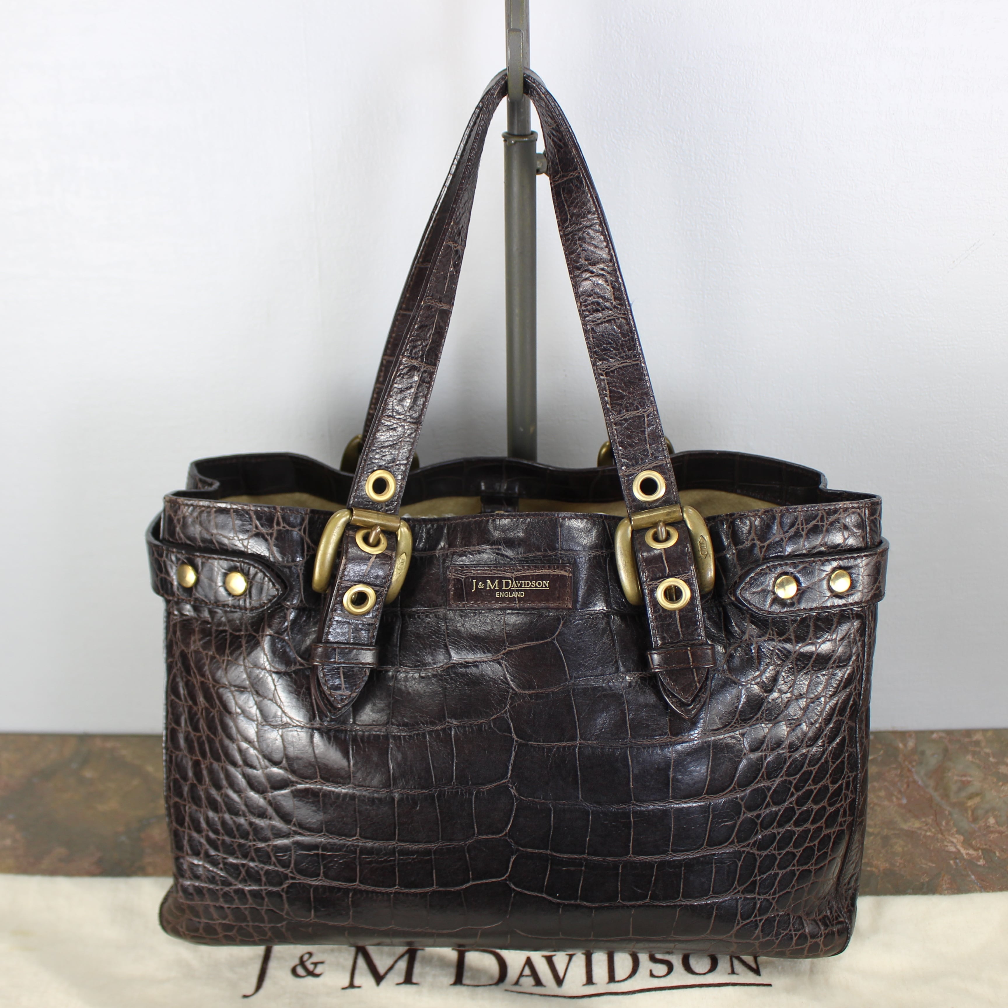 J&M DAVIDSON CROCODILE EMBOSSED LEATHER HAND BAG MADE IN ENGLAND