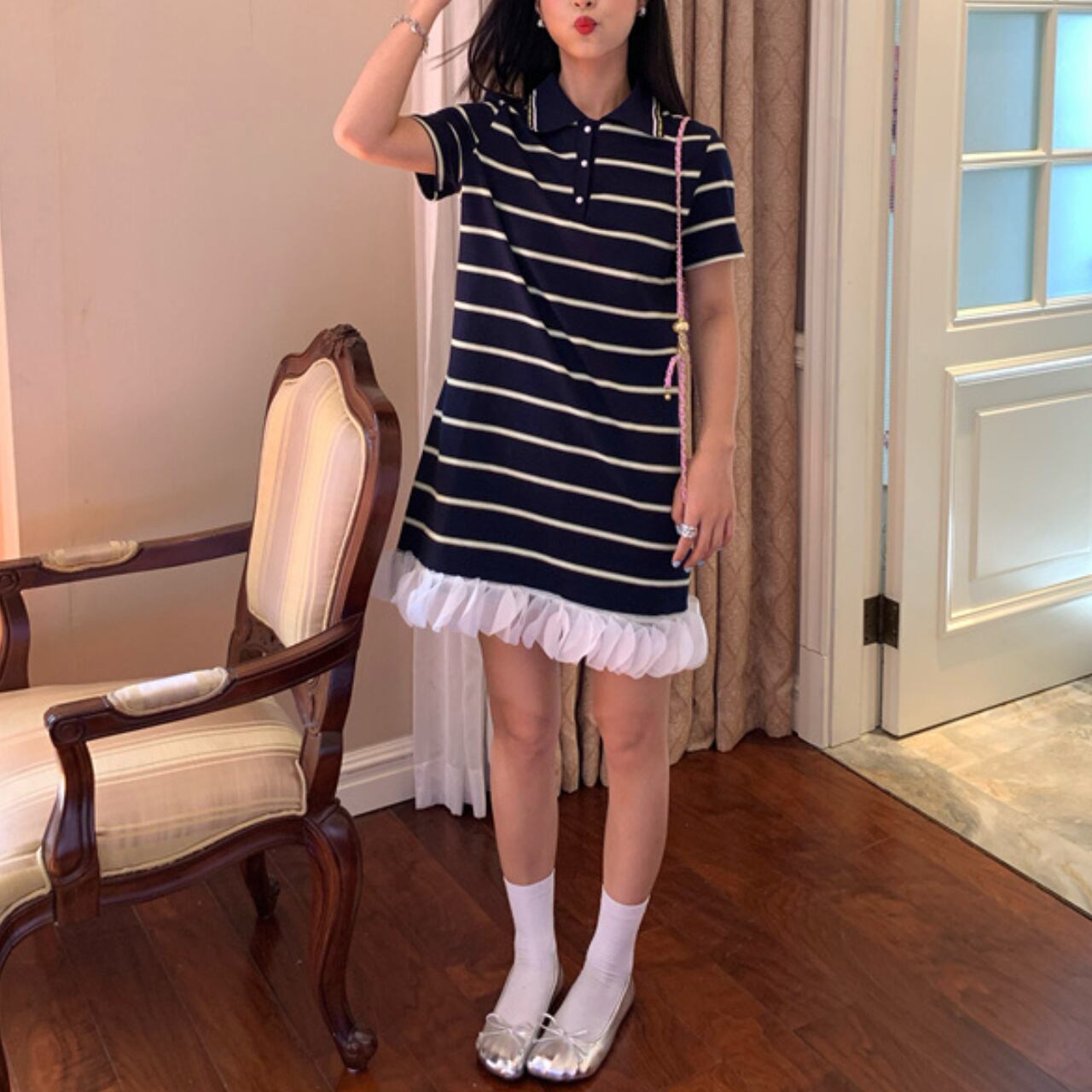 ポロカラーストライプニットワンピース A4315