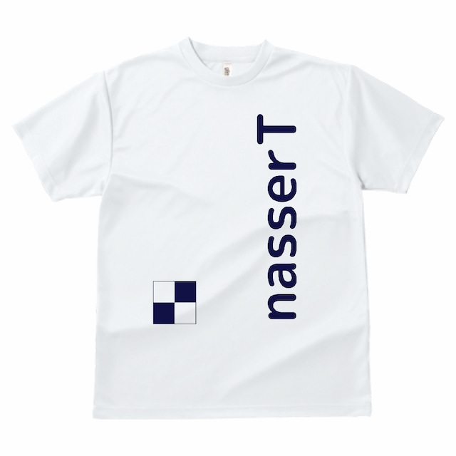 おしゃれなランニングTシャツ(ホワイト ロゴ縦）男女兼用 | Nasser T