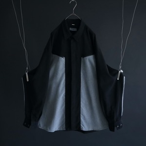 over silhouette bi-color switching & zip-pocket design fly front shirt