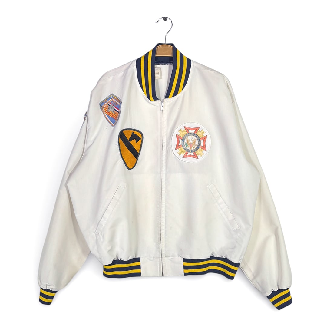 80s WILDLESS USA製 ヴィンテージ コットンジャケット ミリタリー ワッペン スウィングトップ ドリズラー レッド フレッサイズXL相当 古着 DZ0789