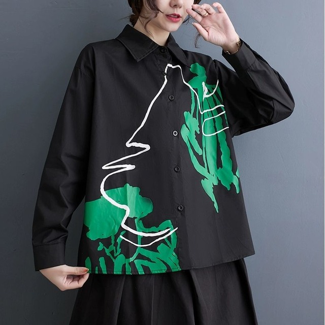 PRINT A-LINE LONG SLEEVES DESIGN SHIRT 2colors M-8637