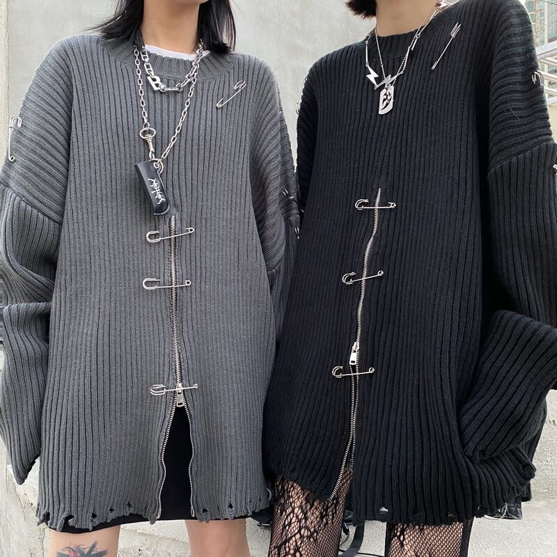 ゴスロリ通販 With U ゴスロリ ニット プルオーバー ダメージ加工 ZIP