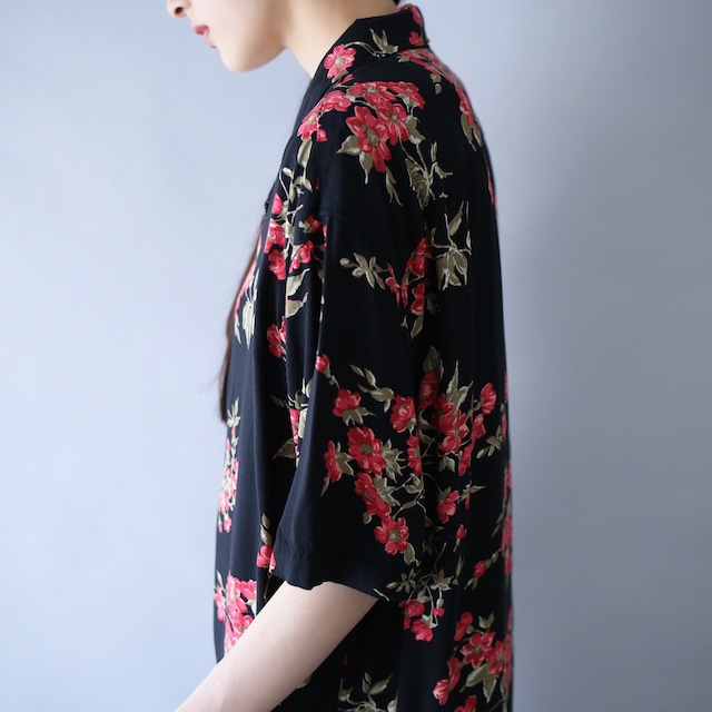 "花柄" black base pink rose flower pattern h/s shirt