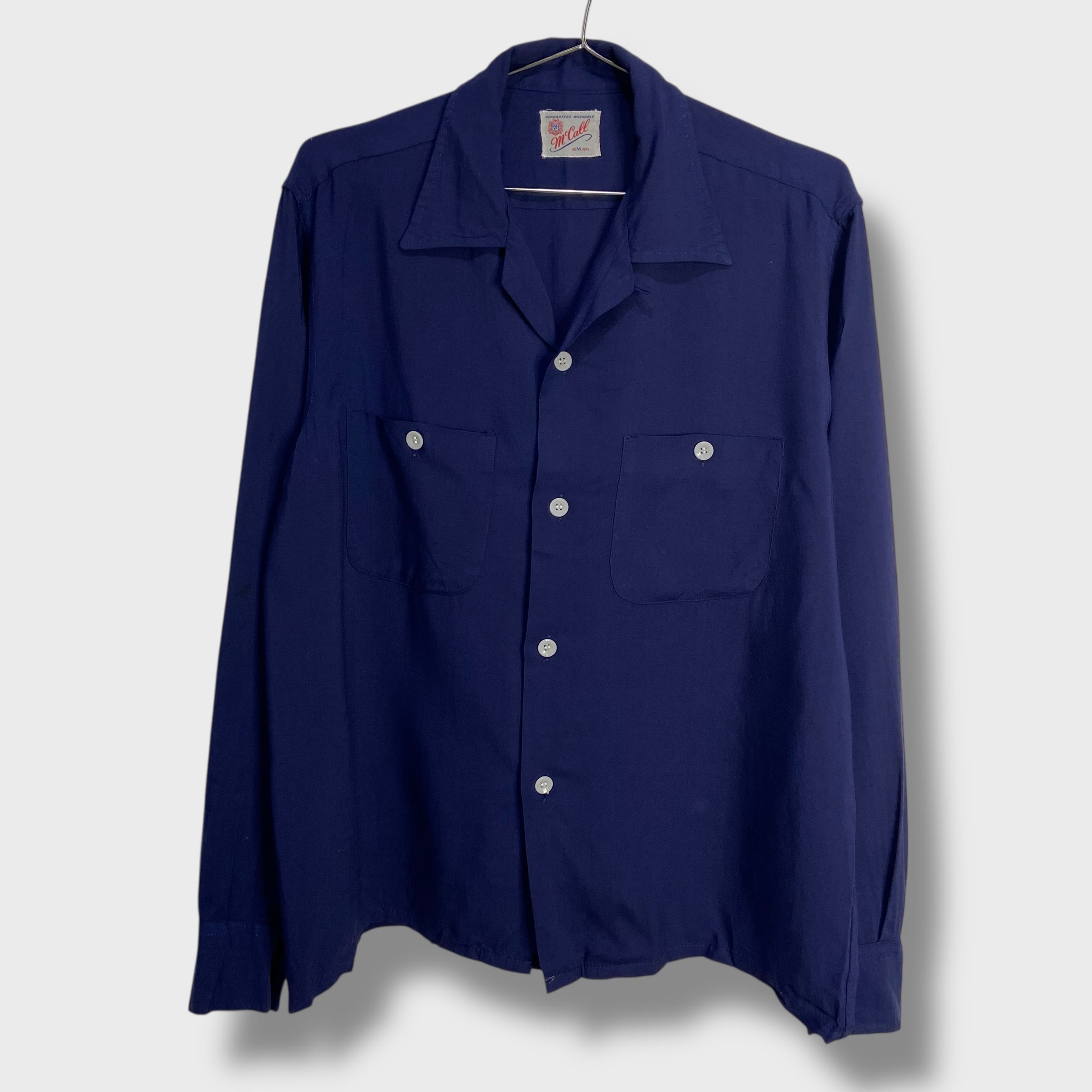 50s Mccall レーヨンシャツ M 長袖 開襟 ネイビー オープンカラー
