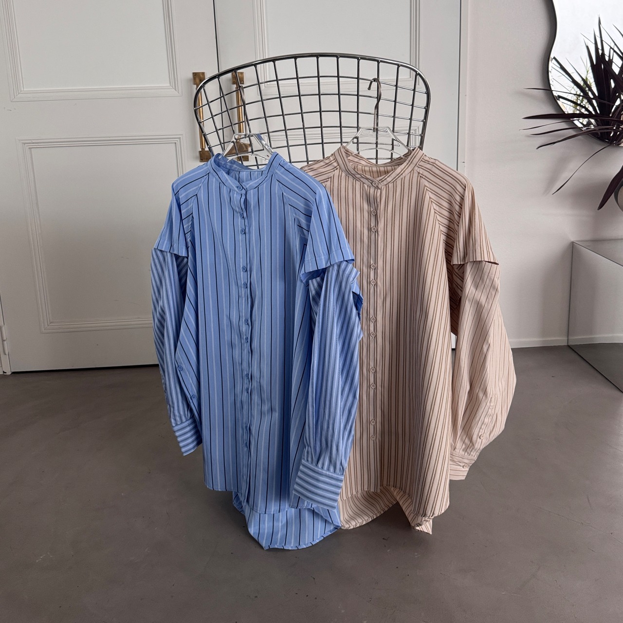 マルチストライプ変形スリーブロングSH/ベージュ