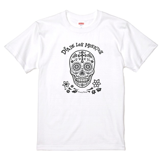 DIA DE LOS MUERTOS　死者の日　骸骨　メキシカンスカル　ホワイト　Tシャツ