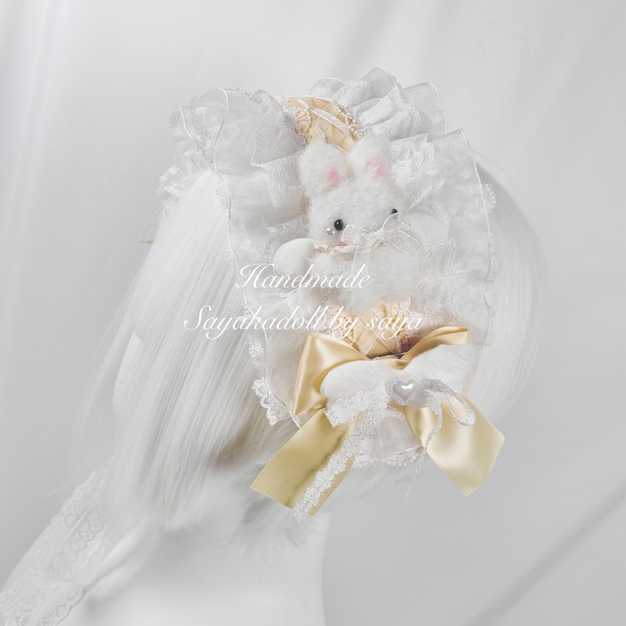 ♡【受注生産】No.2 天使のうさぎさん付き フリル編み上げリボンヘッドドレス yellow ♡