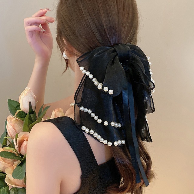 ヘッドドレス パール リボン ヘアクリップ-ブラック