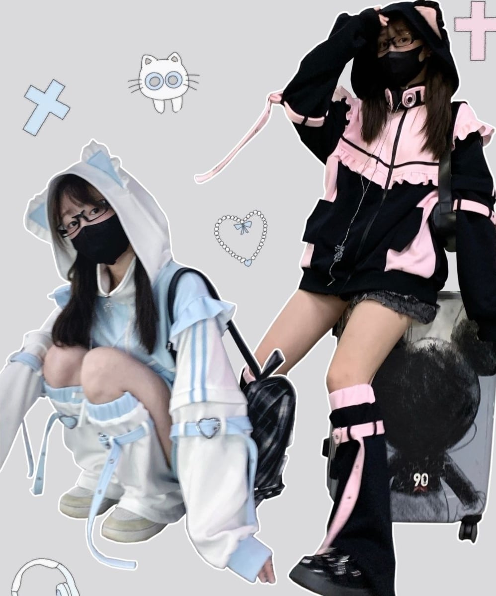 00s PUTUMAYO 猫耳 パーカー Y2K サブカル フリル サブカル系ネコ耳×ピンクフリルのサブカル風パーカー | cosucosuco