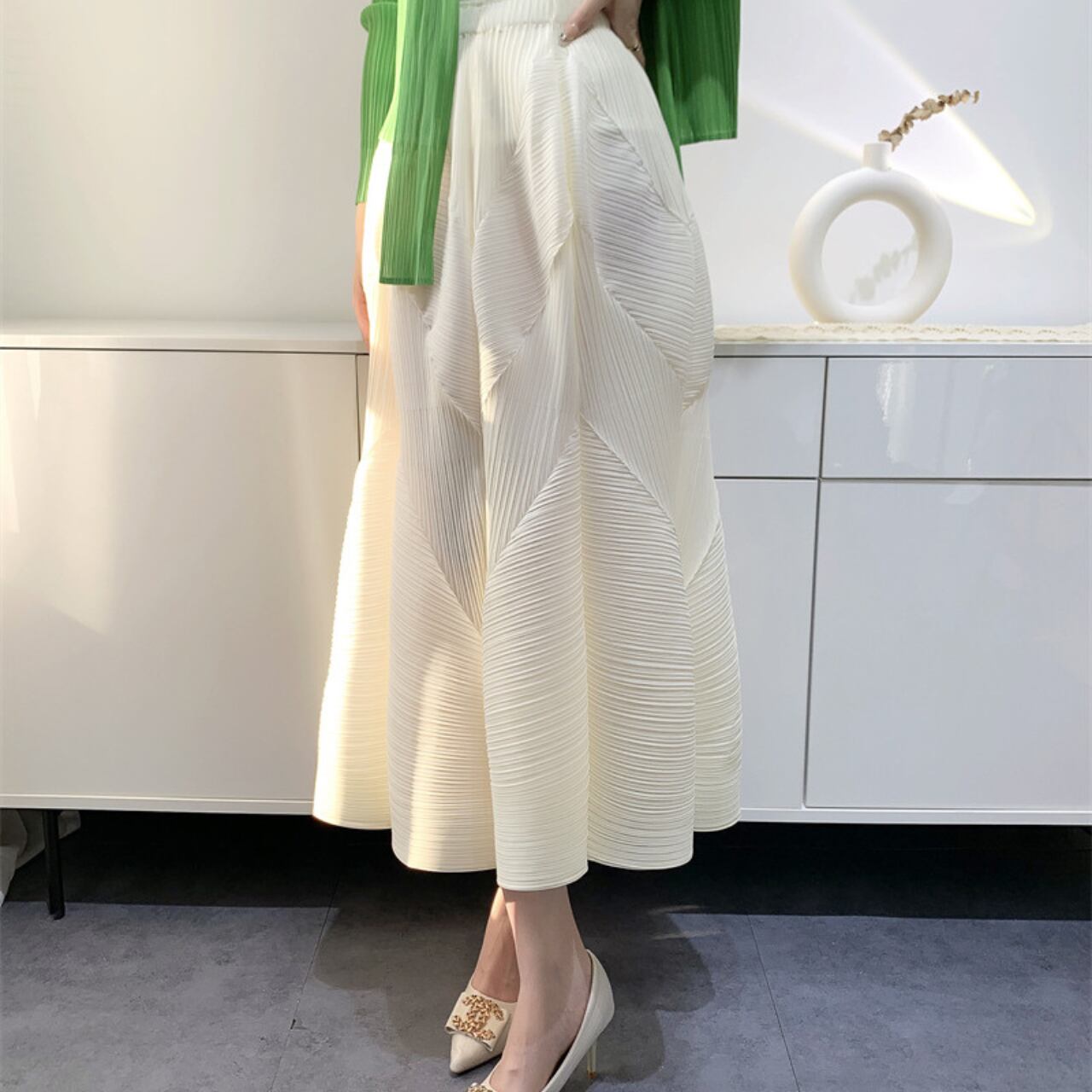 3D立体 ボリューム フレア プリーツ マキシスカート-ホワイト