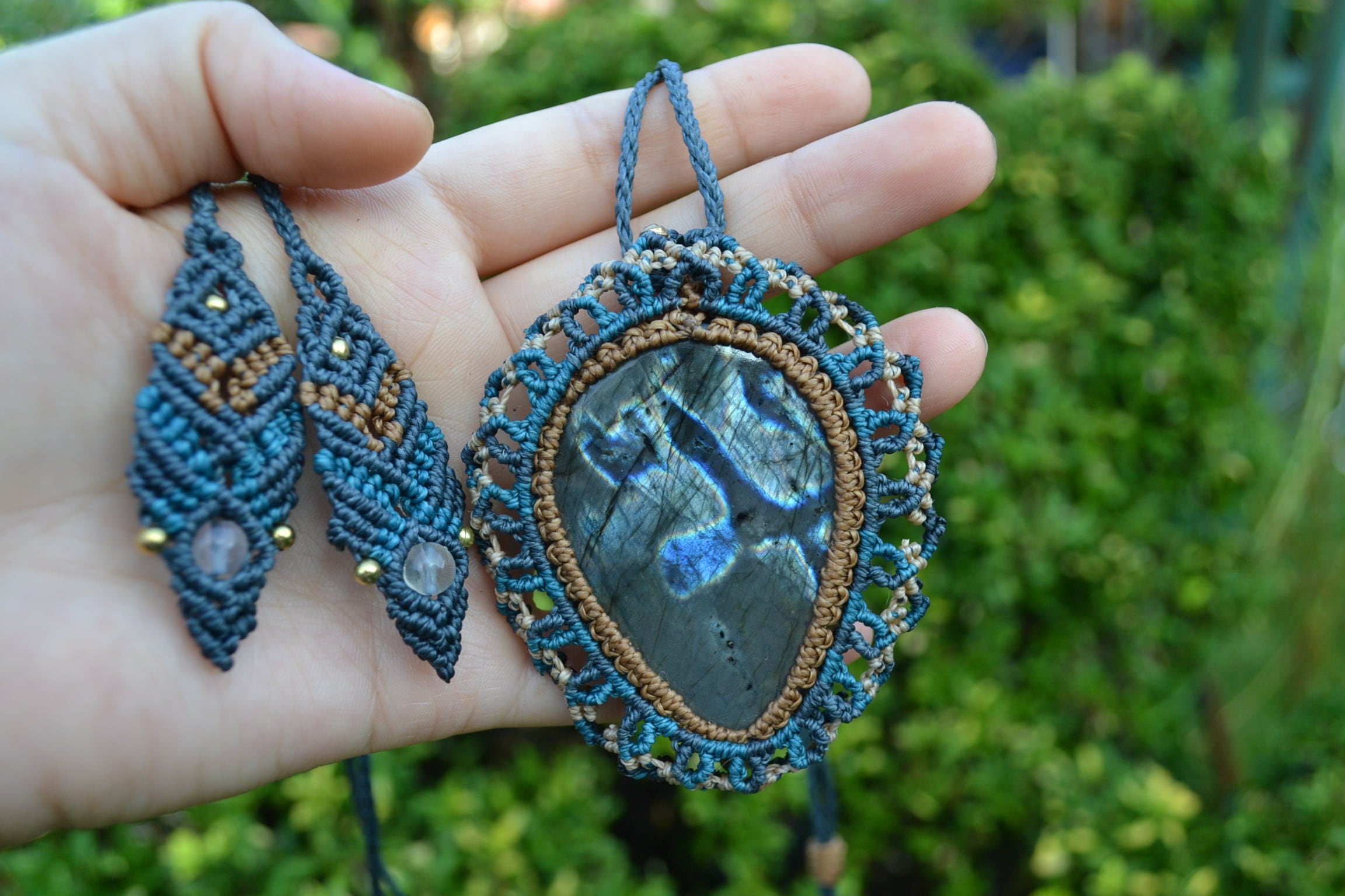 特大ラブラドライトマクラメペンダントネックレスlabb006