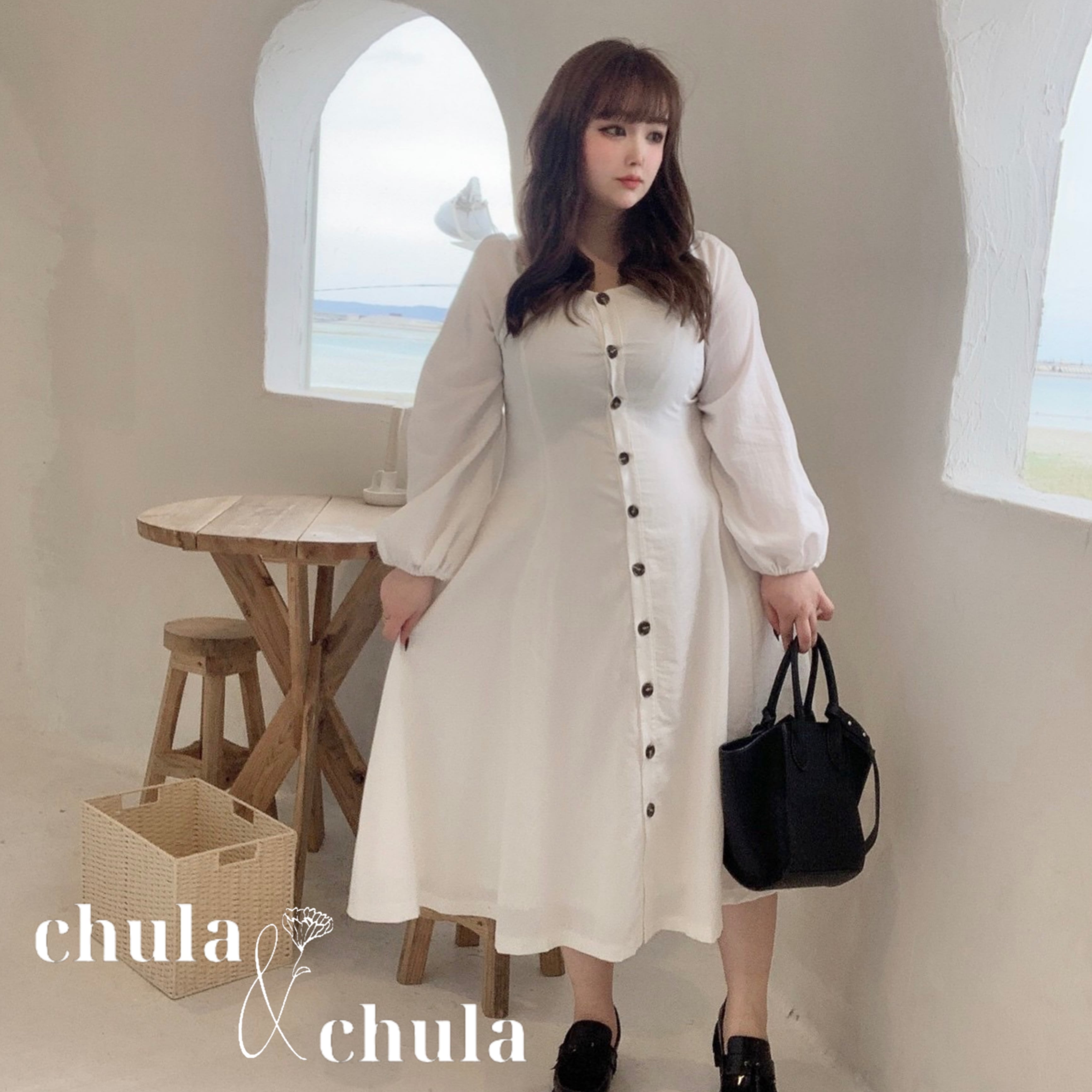大きいサイズ レディース韓国ファッション Aラインロングワンピース スクエアネック フェミニン Ch3358 可愛い大きいサイズ 韓国レディースファッション通販 Chulachula チュラチュラ