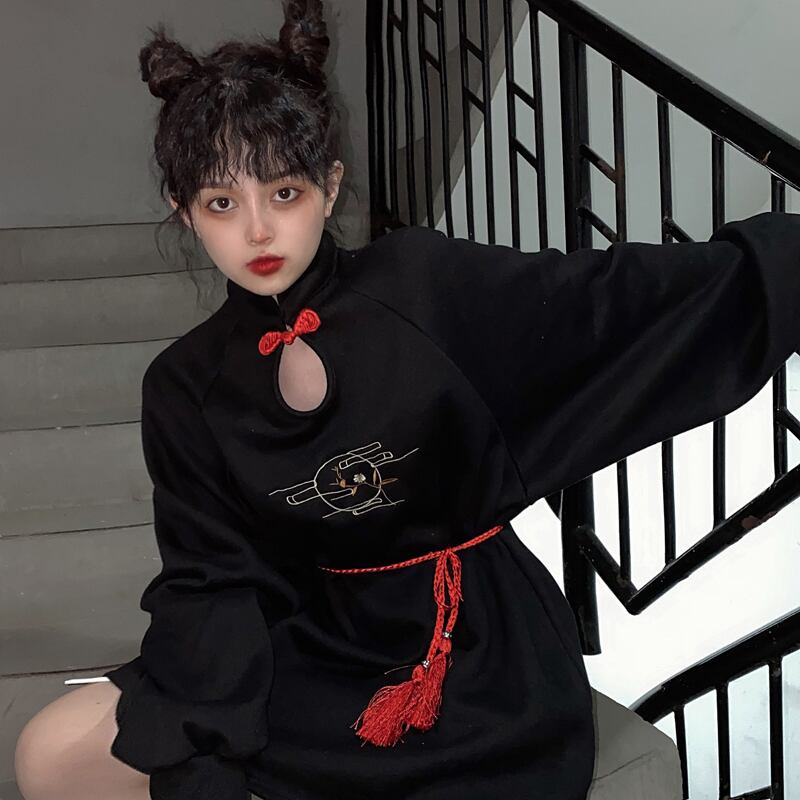 チャイナ風ワンピース チャイナドレス 中華服 原宿風 ブラック レッド ゆったり スタンドネック Elegant