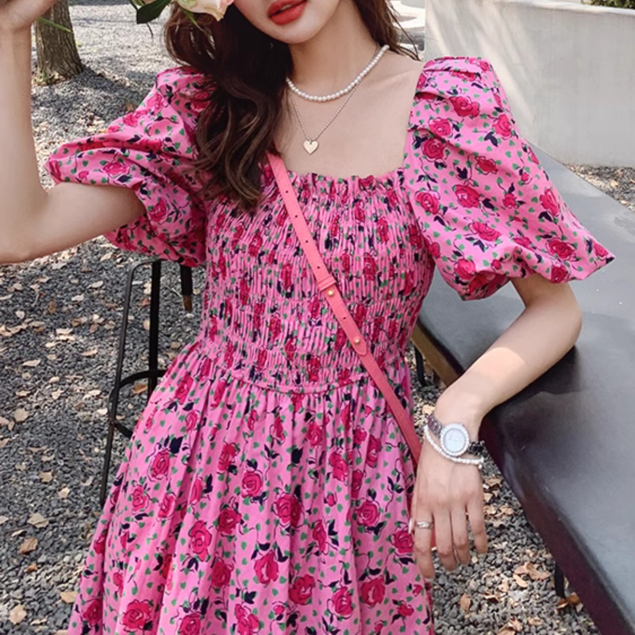 Square Neck Puff Sleeve Floral Dress 5091
