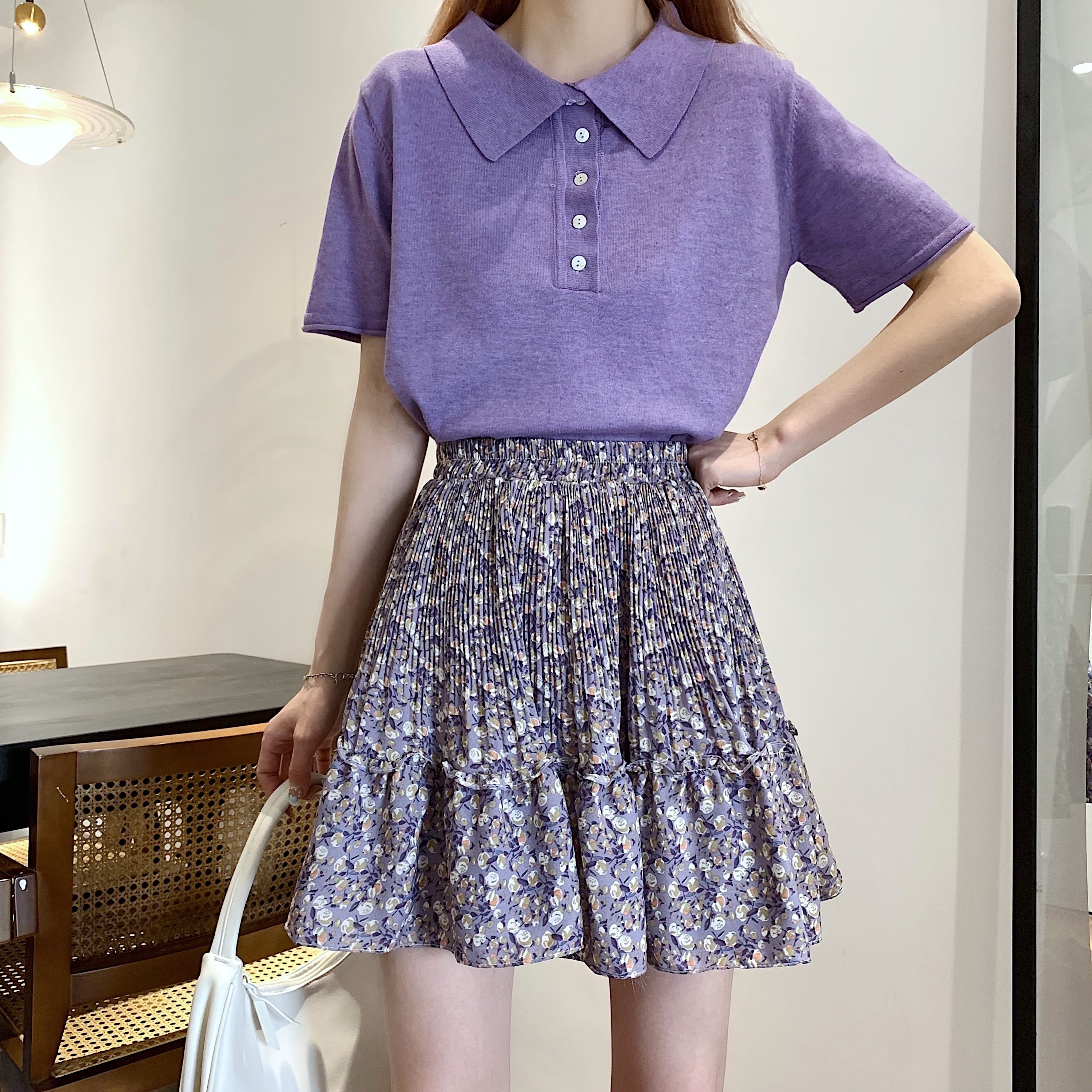 キュート♡花柄プリーツシフォンミニスカート A0879 retro_n キャミワンピース ピンク パープル ミニスカート