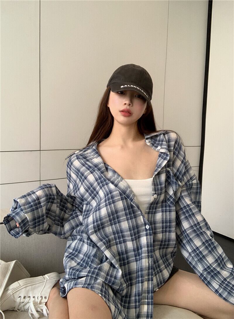 格子柄シャツ ルーズサマースタンダードスタイルトップス ロング レトロ 夏物 ブラックストロベリース41888998404