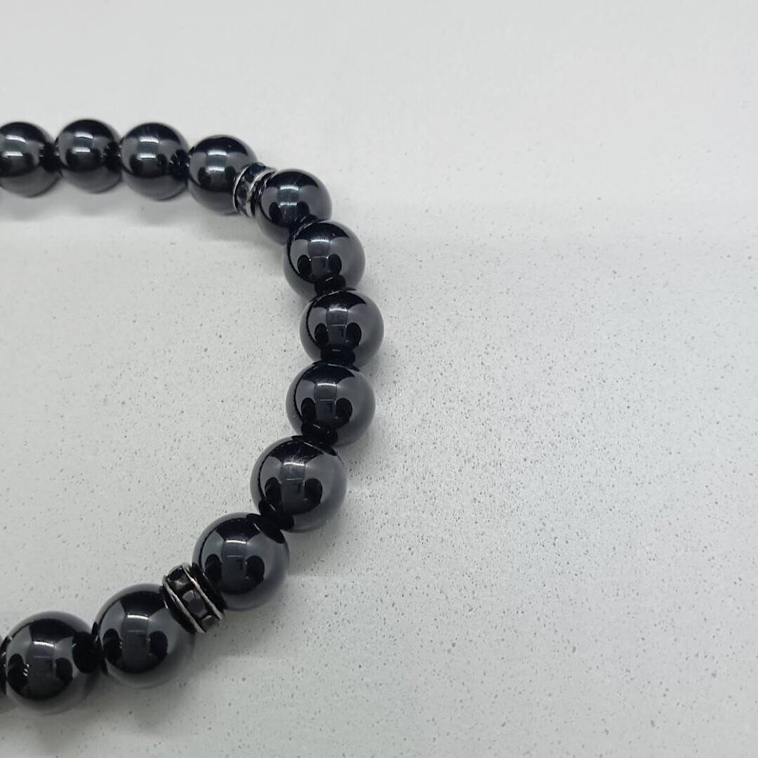 ハンドメイド 水晶と黒い石のブレスレット モリオン 黒水晶 天然石 ロンデル ハンドメイド ブレスレット 8mm玉