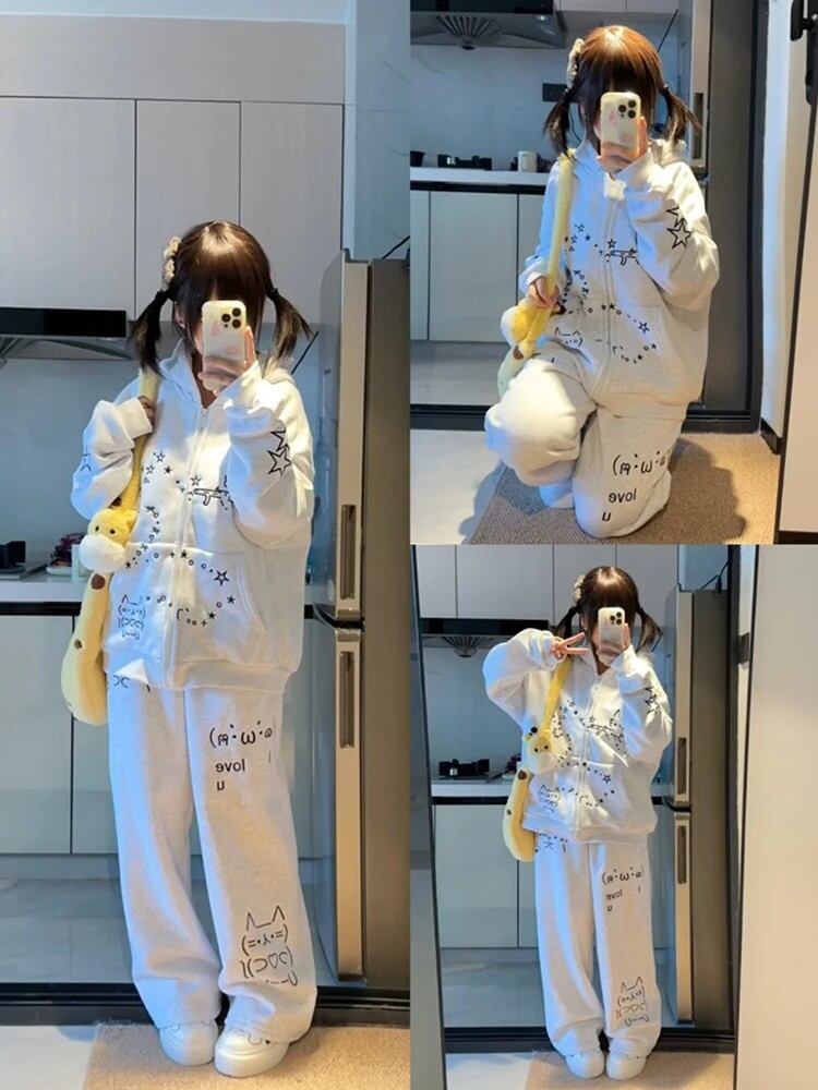 かわいい和風カジュアルスポーツセット レディース 秋 カレッジファッション ガールズ パーカー ワイドレッグパンツ ツーピースセット 長袖ジッパー