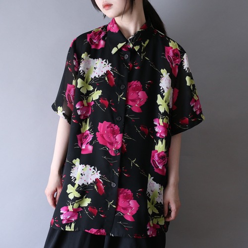 good coloring art flower pattern  s/s sheer shirt