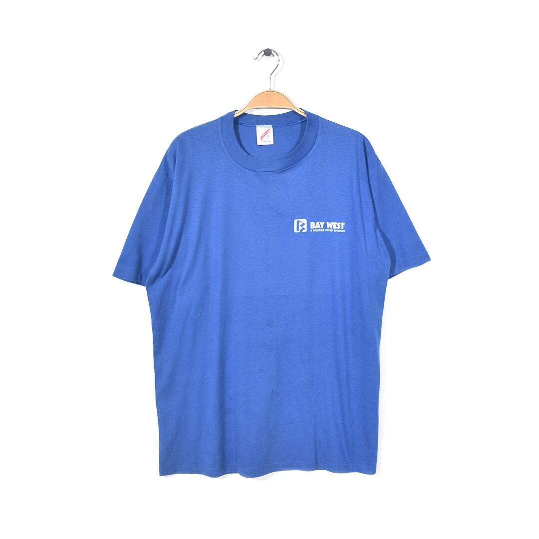 80s ジャージーズ USA製 ヴィンテージ Tシャツ 企業物 BAY WEST 青 ブルー 袖シングル アメカジ JERZEES サイズXL 古着 @BZ0097