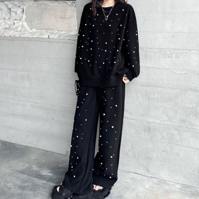 PEARL TRIMMED BLACK ROUND NECK PULLOVER & PANTS SET 2pieces 1color M-8556