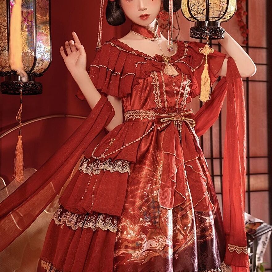 中華　ロリータ　ワンピース　セットアップ 華ロリ 中華ロリータ チャイナ風 セットアップ ワンピ ボレロ チャイナ