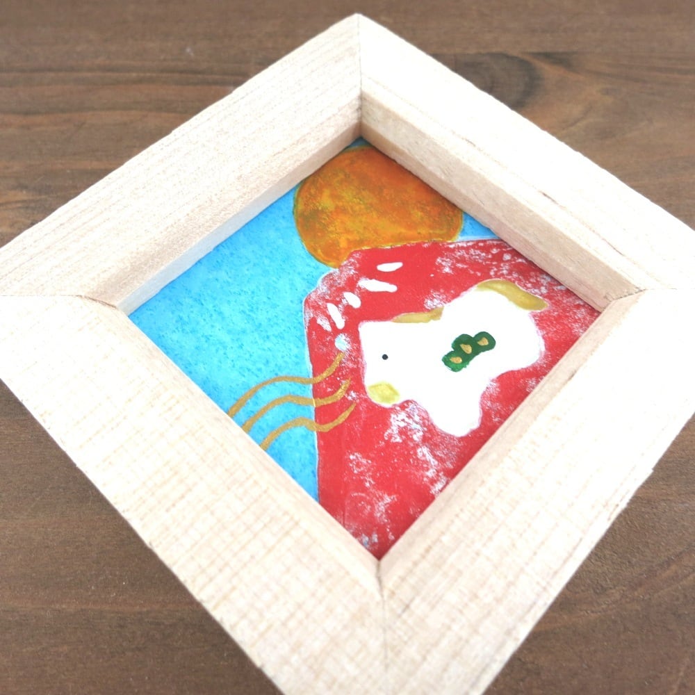 日本画原画】赤富士と初日の出と干支の馬 と黄金の風（正方形） ミニ