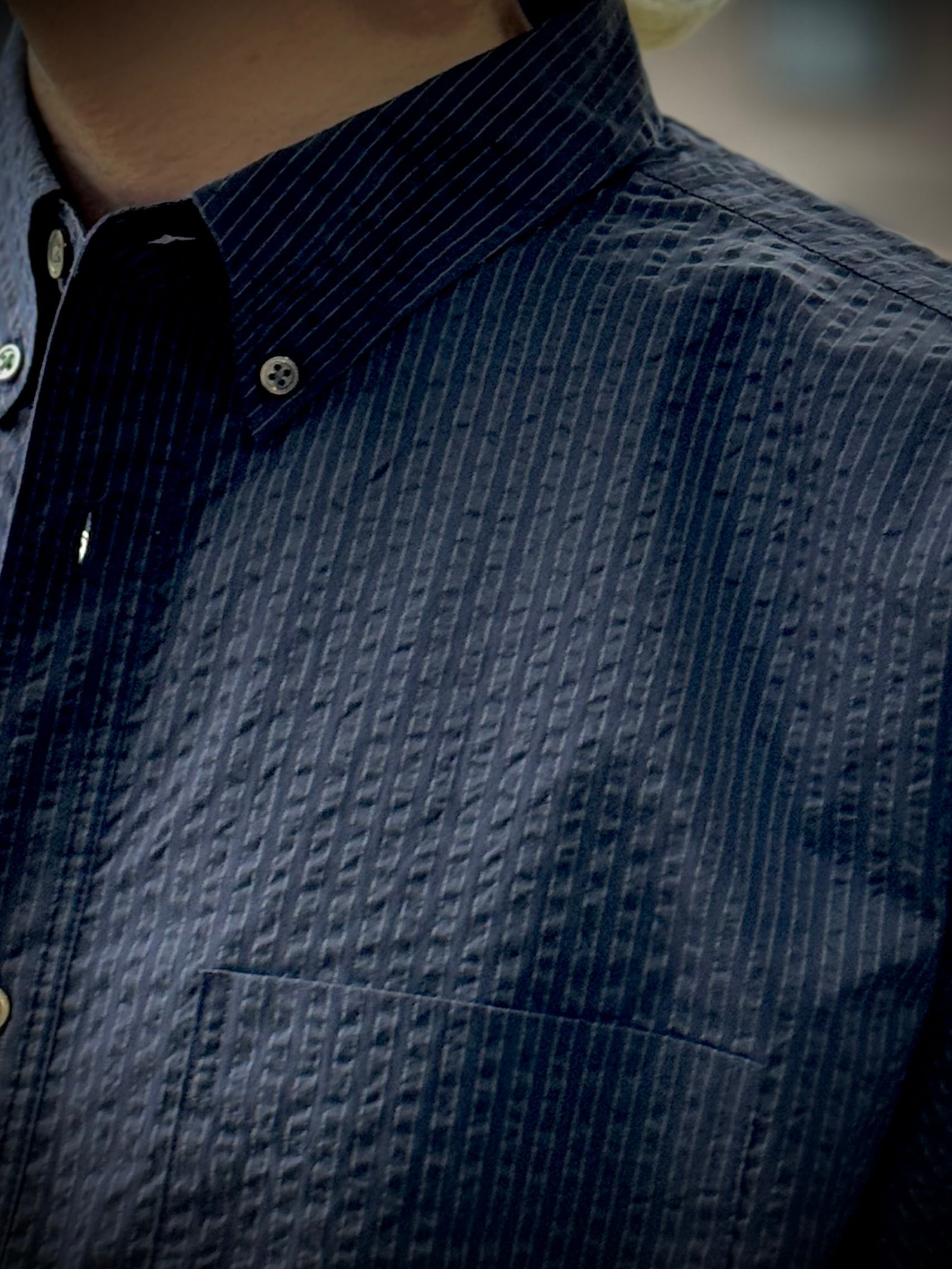 FreshService SEERSUCKER S/S B.D SHIRT (navy × black) フレッシュ