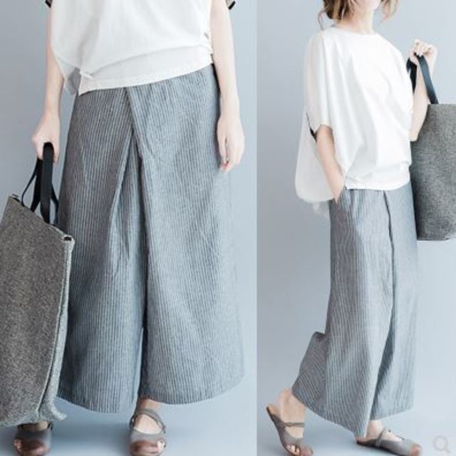 ストライプガウチョパンツ ロング丈 春夏コーデ 爽やか 体型カバー Ayumina