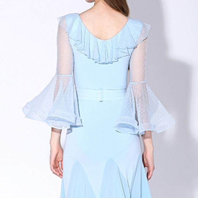 メッシュフリルスリーブ シフォンフレア ダンスドレス 3col　D00347