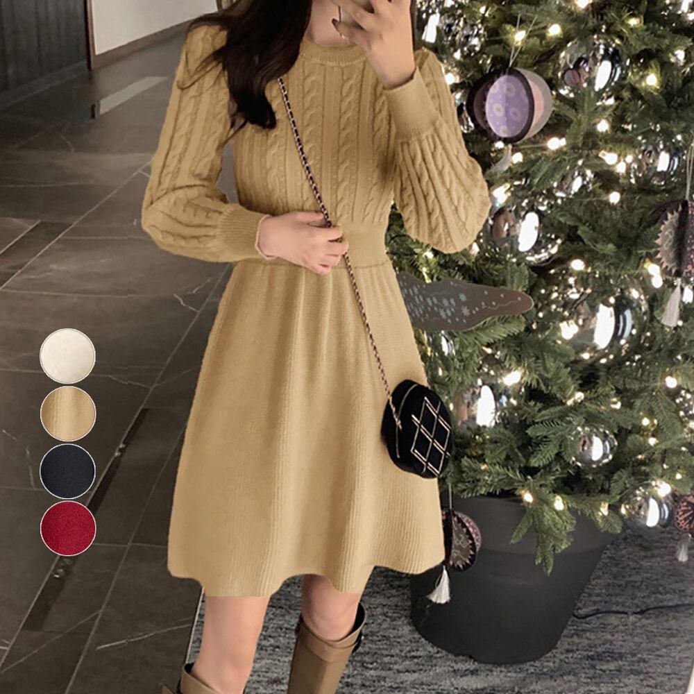 ケーブル編みニットミニワンピース ウエストマーク Aラインワンピース